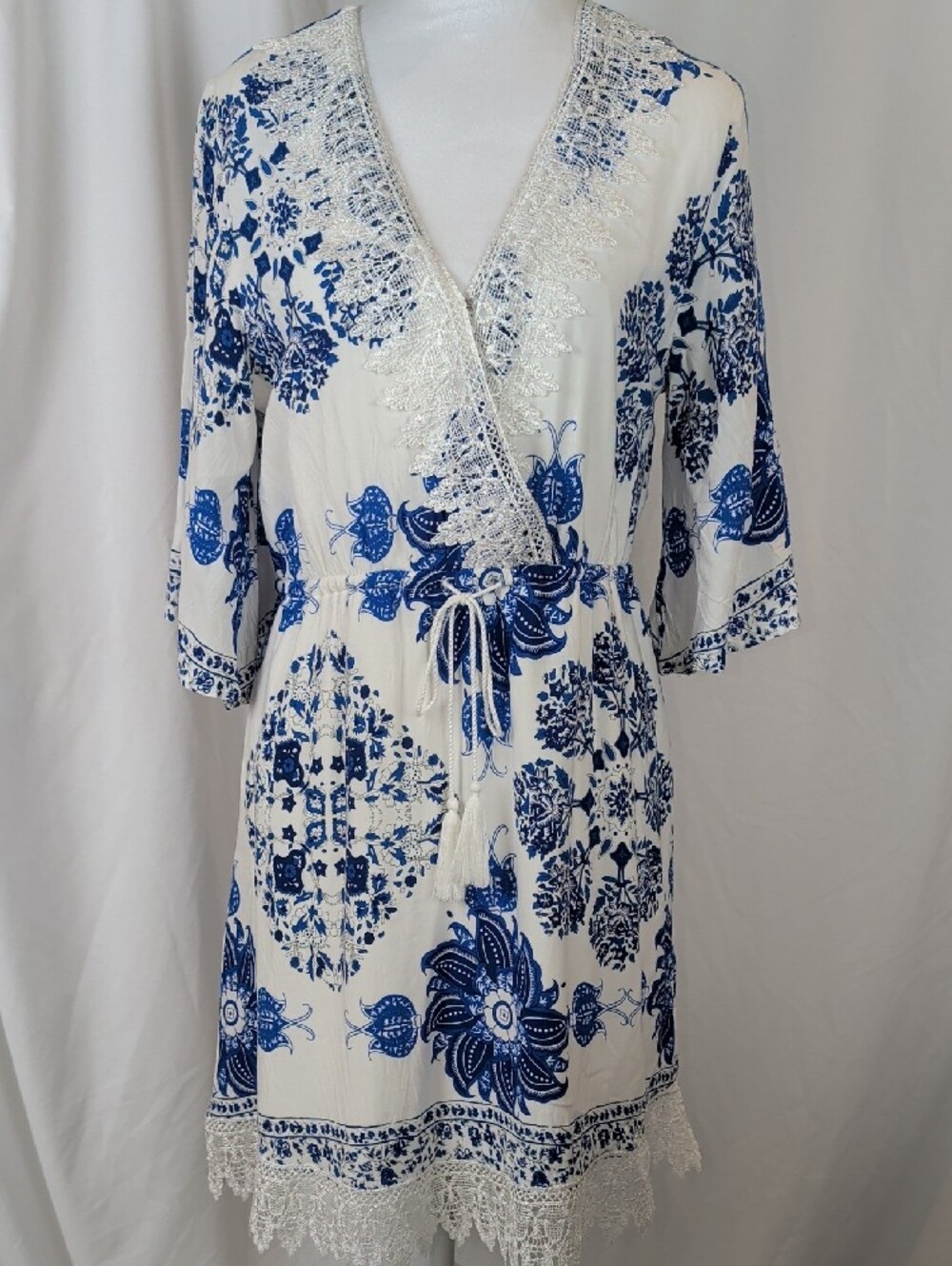 Papillon Blue White Lace Boho Dress L Large